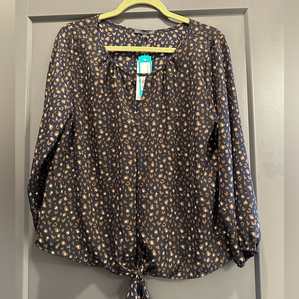 NWT West Kei (Stitch Fix) navy and brown leopard print tie front blouse